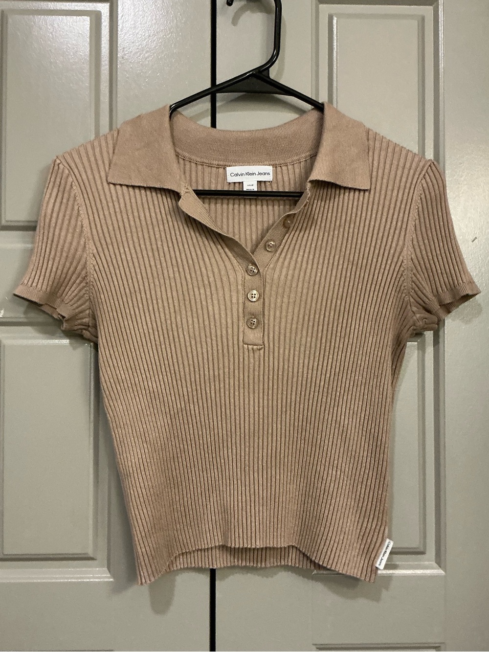 Calvin Klein Jeans Ribbed Quarter-Button Polo Shirt Size Small Tan Knit T